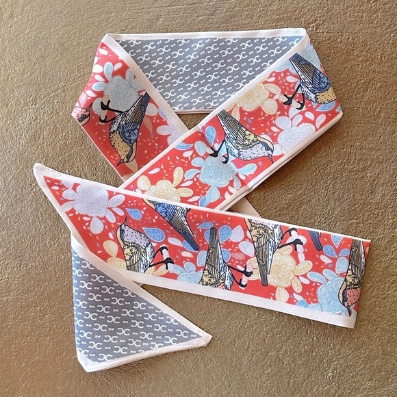 Reversible Coral & Gray Bird & Flower Print Twilly Narrow Tie Scarf - Picture 1 of 4